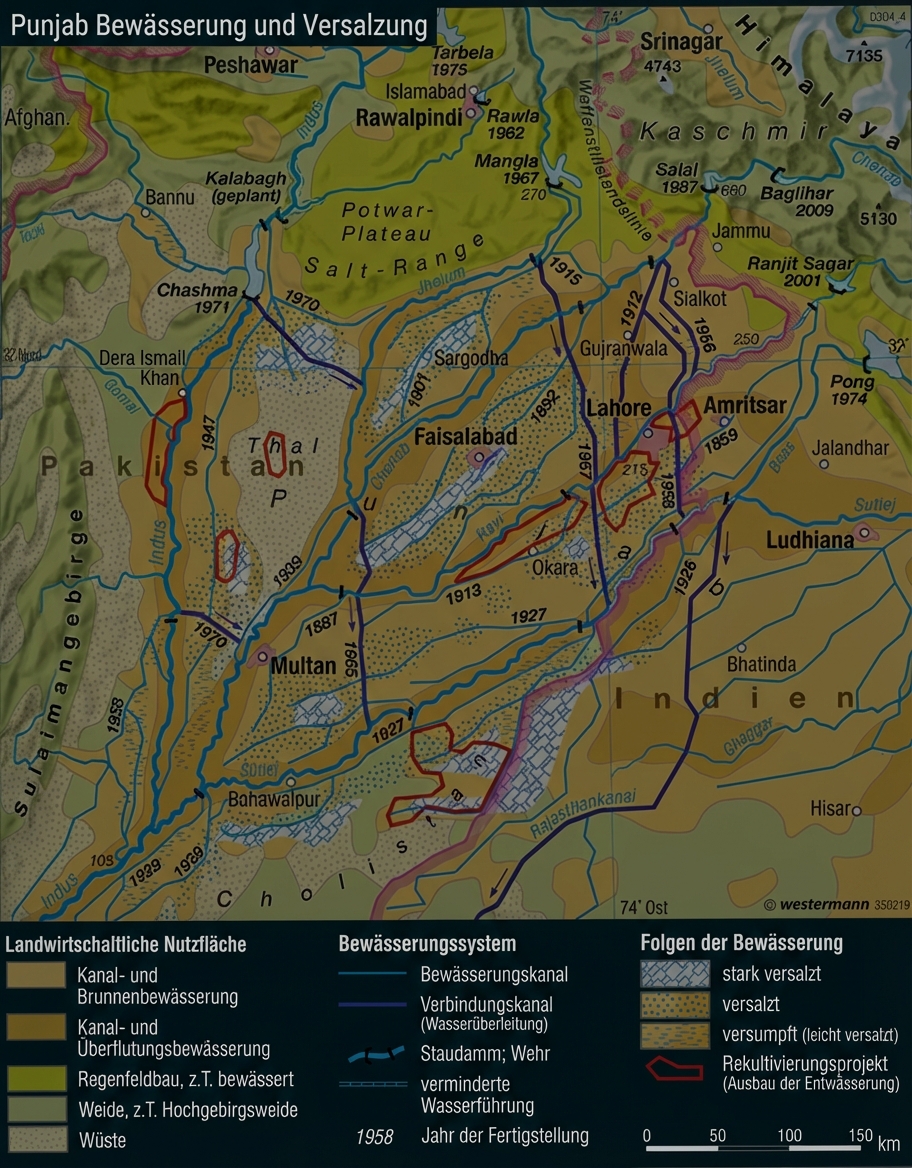 Karte des Punjab mit Flüssen, Bewässerungskanälen, Städten (Lahore, Amritsar), landwirtschaftlichen Flächen und Versalzungsgebieten.